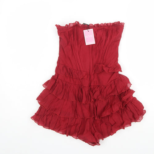 PrettyLittleThing Women Red Strapless Ruffle Playsuit Size 4 Lyocell Blend