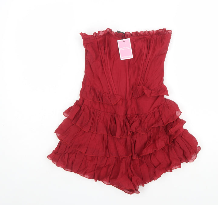 PrettyLittleThing Women Red Strapless Ruffle Playsuit Size 4 Lyocell Blend