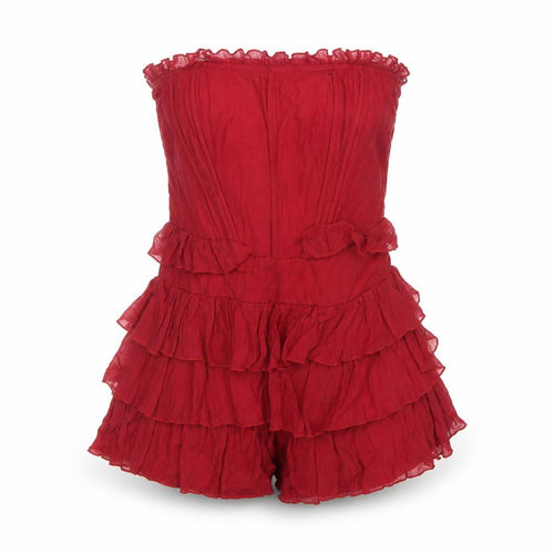 PRETTYLITTLETHING Women Red Strapless Ruffle Playsuit Size 4 Lyocell Blend