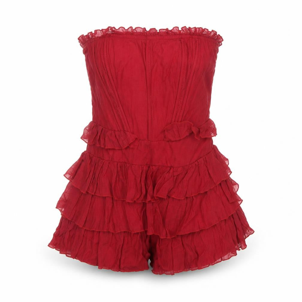 PRETTYLITTLETHING Women Red Strapless Ruffle Playsuit Size 4 Lyocell Blend