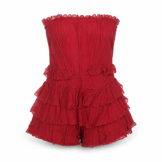 PrettyLittleThing Women Red Strapless Ruffle Playsuit Size 4 Lyocell Blend