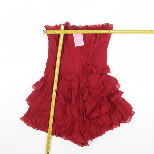 PrettyLittleThing Women Red Strapless Ruffle Playsuit Size 4 Lyocell Blend