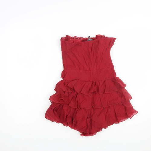 PrettyLittleThing Women Red Strapless Ruffle Playsuit Size 4 Lyocell Blend