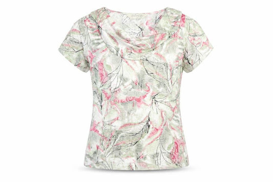 Front view of Gallery women’s pink floral short sleeve cotton blend t-shirt, size S