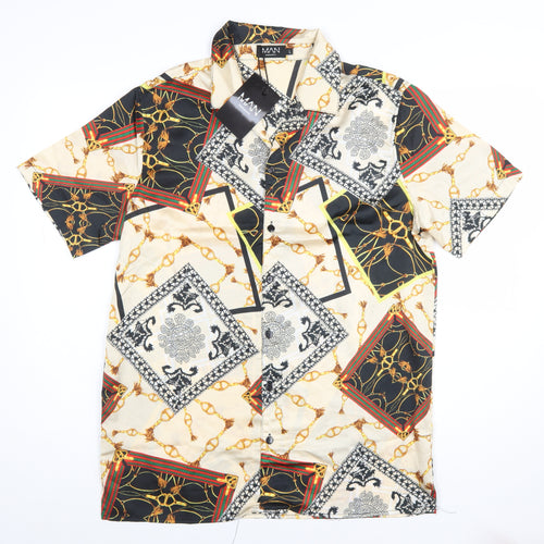 boohooMAN Men's Beige Baroque Print Short Sleeve Button-Up Shirt L