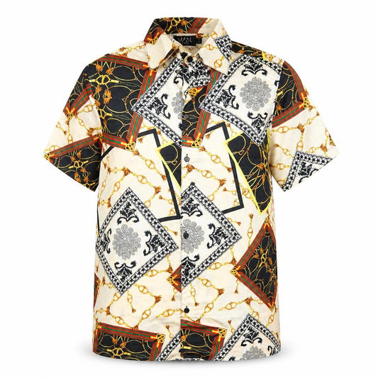 Front view of boohooMAN Men's Beige Baroque Print Short Sleeve Button-Up Shirt L