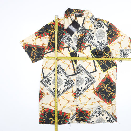 boohooMAN Men's Beige Baroque Print Short Sleeve Button-Up Shirt L