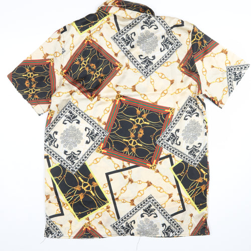 boohooMAN Men's Beige Baroque Print Short Sleeve Button-Up Shirt L