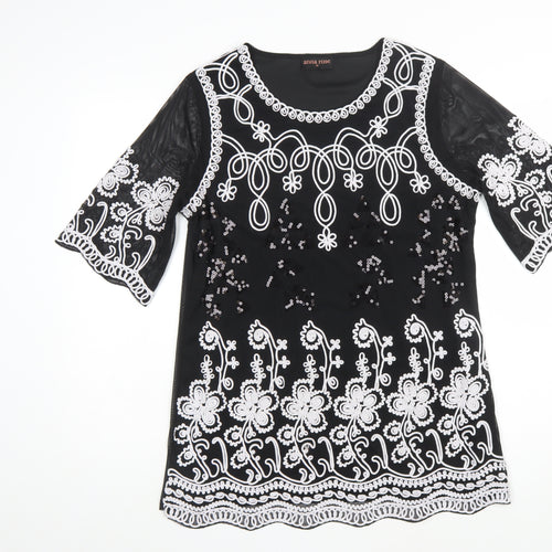 Anna Rose Women Black Floral Sequin Shift Dress M