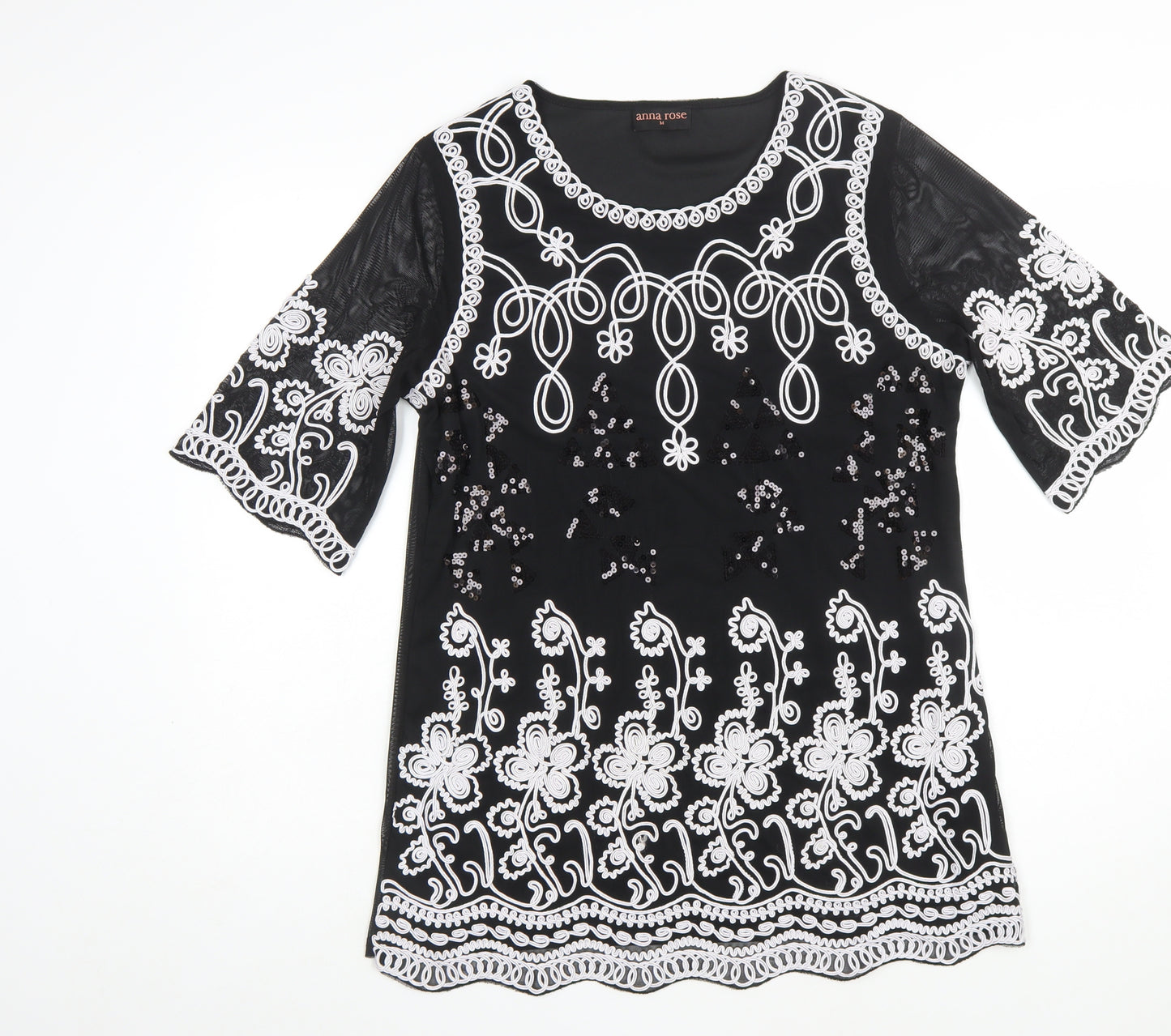 Anna Rose Women Black Floral Sequin Shift Dress M