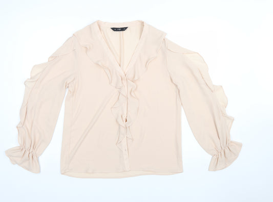 F&F Women Beige Ruffle V-Neck Chiffon Blouse UK 10