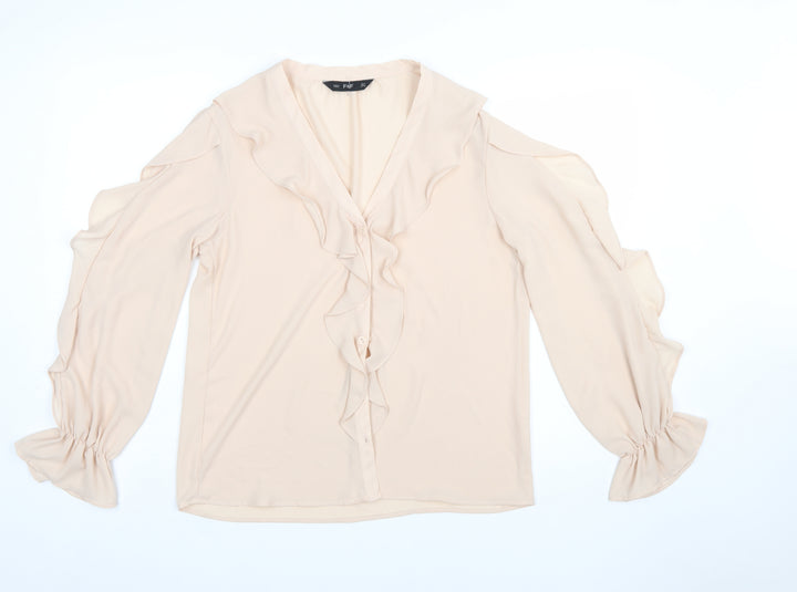 F&F Women Beige Ruffle V-Neck Chiffon Blouse UK 10