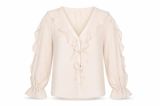 Front view of F&F Women Beige Ruffle V-Neck Chiffon Blouse UK 10