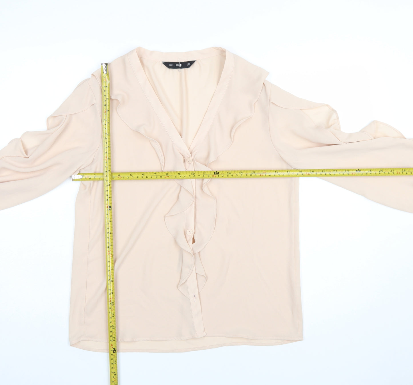 F&F Women Beige Ruffle V-Neck Chiffon Blouse UK 10
