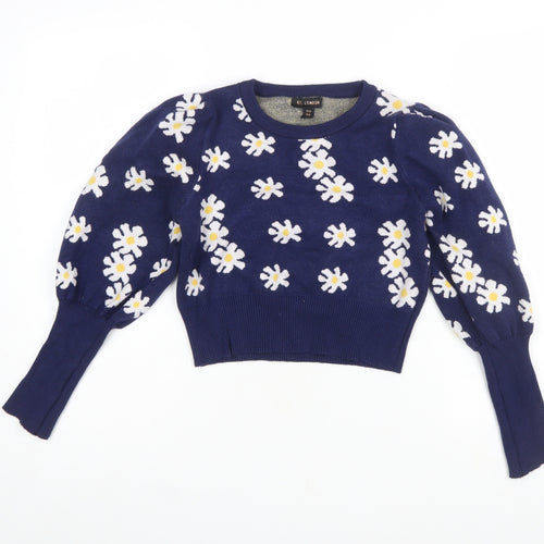 QED London Women's Blue Floral Puff Sleeve Knit Jumper M