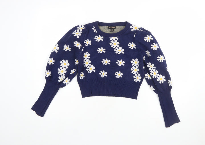 QED London Women's Blue Floral Puff Sleeve Knit Jumper M