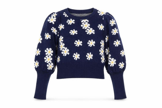 Front view of QED London Women's Blue Floral Puff Sleeve Knit Jumper M