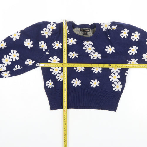 QED London Women's Blue Floral Puff Sleeve Knit Jumper M