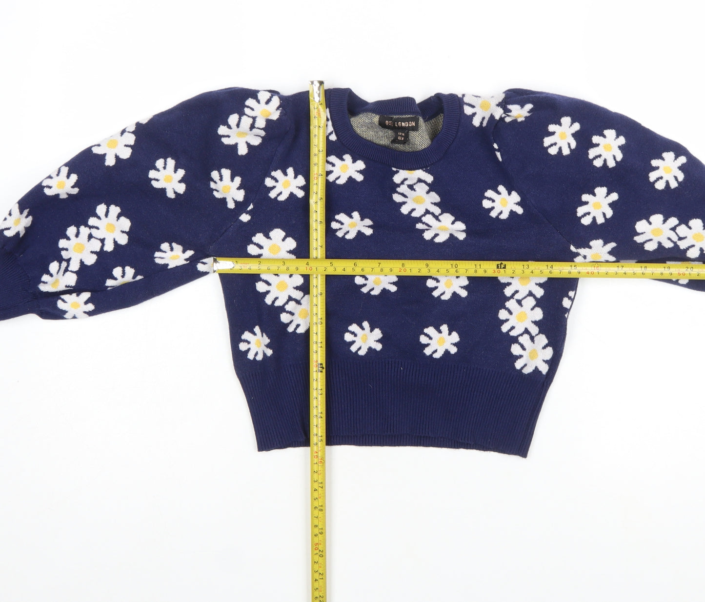 QED London Women's Blue Floral Puff Sleeve Knit Jumper M