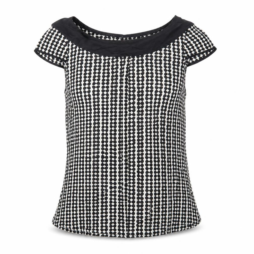 Front view of Monsoon Women's Black & White Patterned Blouse, size 8, Short Sleeve