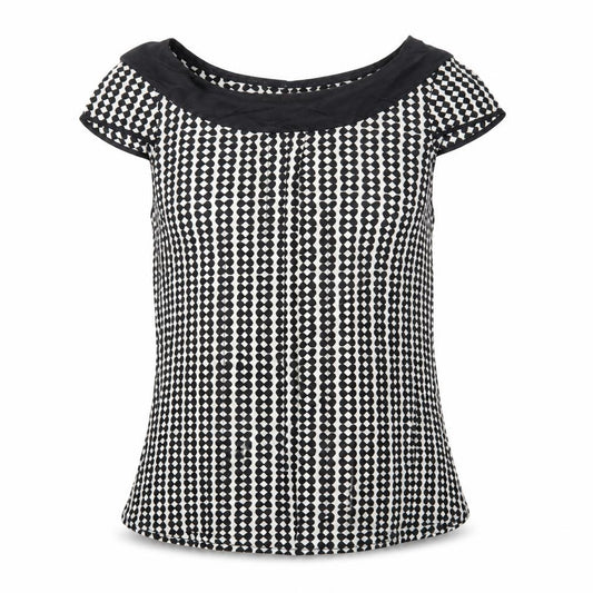 Front view of Monsoon Women's Black & White Patterned Blouse, size 8, Short Sleeve