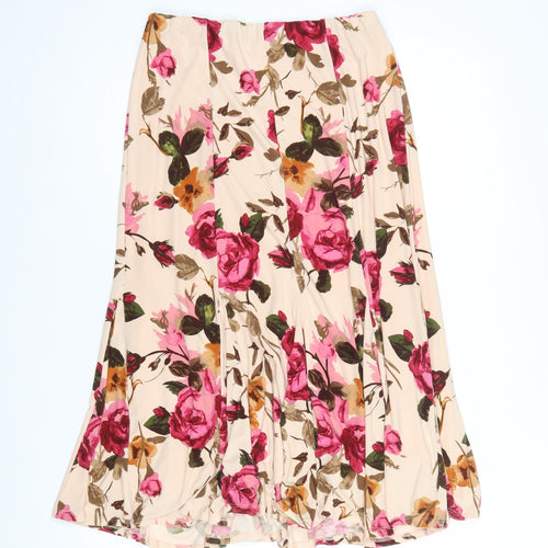 CC Women Beige Floral Flare Midi Skirt Size S Stretch Lined