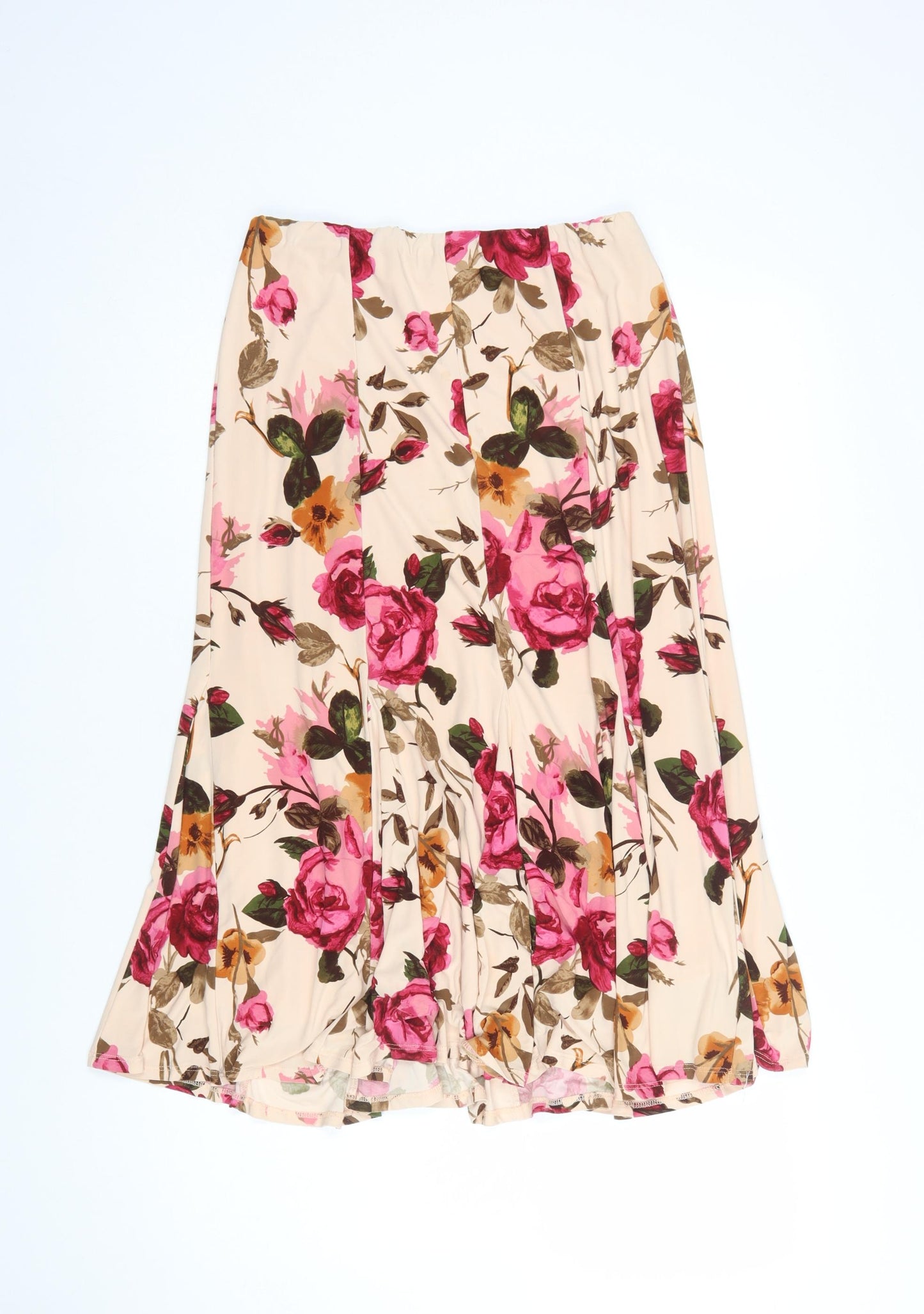 CC Women Beige Floral Flare Midi Skirt Size S Stretch Lined
