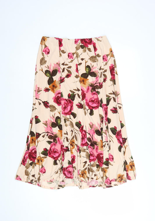 CC Women Beige Floral Flare Midi Skirt Size S Stretch Lined