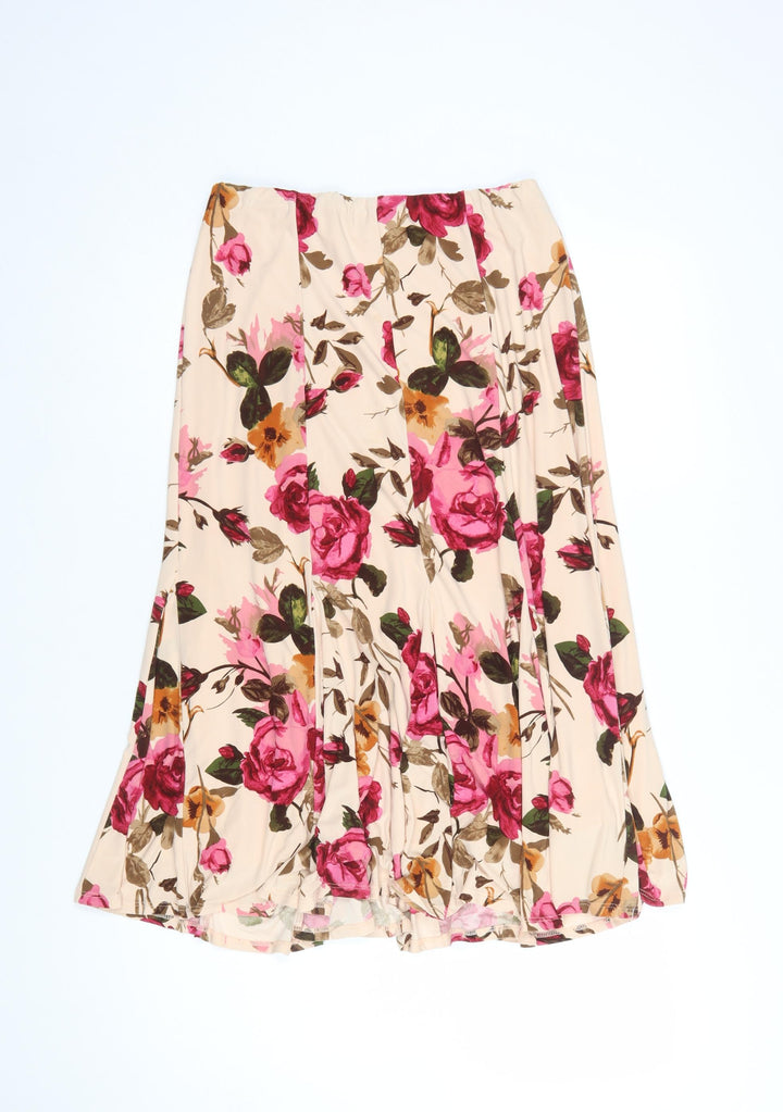 CC Women Beige Floral Flare Midi Skirt Size S Stretch Lined