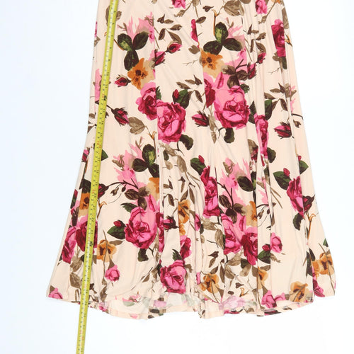 CC Women Beige Floral Flare Midi Skirt Size S Stretch Lined