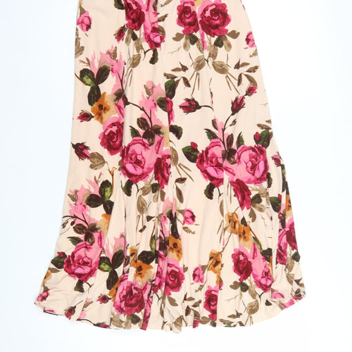 CC Women Beige Floral Flare Midi Skirt Size S Stretch Lined