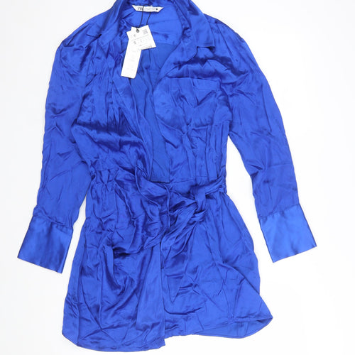 Zara Women’s Blue Satin Shirt Dress S Belted Long Sleeve