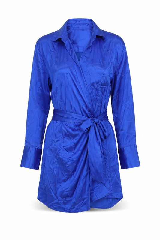 Front view of Zara Women’s Blue Satin Shirt Dress S Belted Long Sleeve