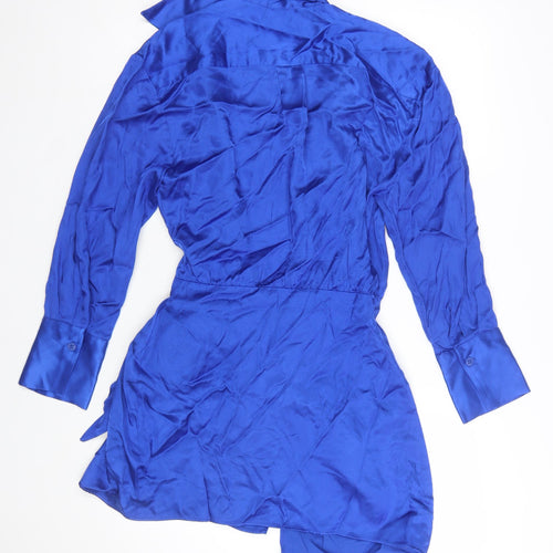 Zara Women’s Blue Satin Shirt Dress S Belted Long Sleeve