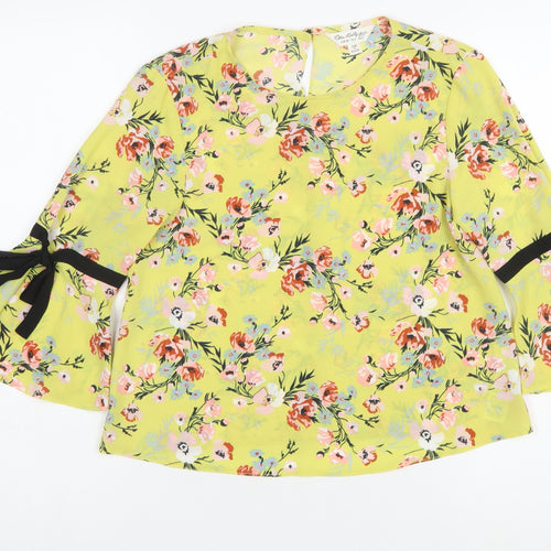 Miss Selfridge Women's Yellow Floral Bow Bell Sleeve Blouse Size 6