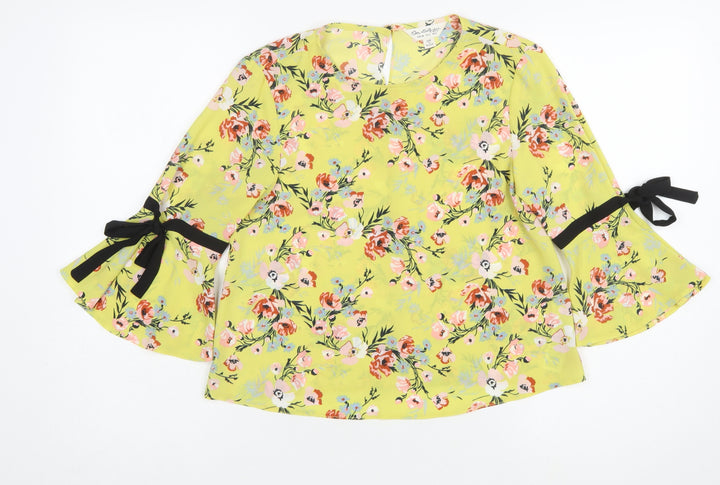 Miss Selfridge Women's Yellow Floral Bow Bell Sleeve Blouse Size 6