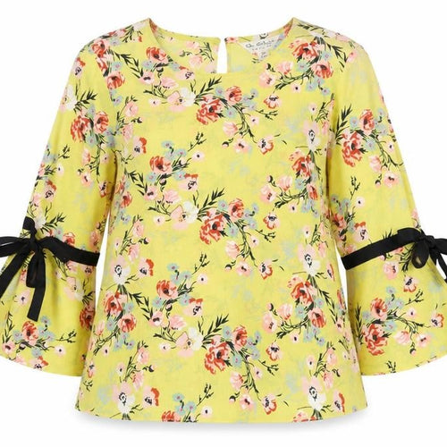 Miss Selfridge Women's Yellow Floral Bow Bell Sleeve Blouse Size 6
