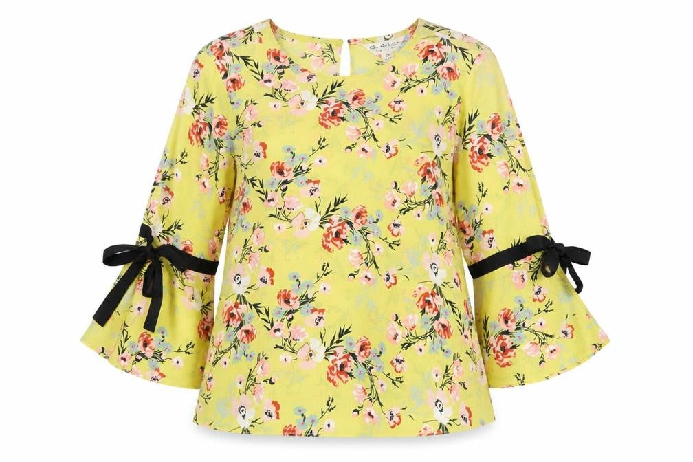 Miss Selfridge Women's Yellow Floral Bow Bell Sleeve Blouse Size 6