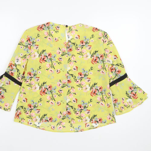 Miss Selfridge Women's Yellow Floral Bow Bell Sleeve Blouse Size 6