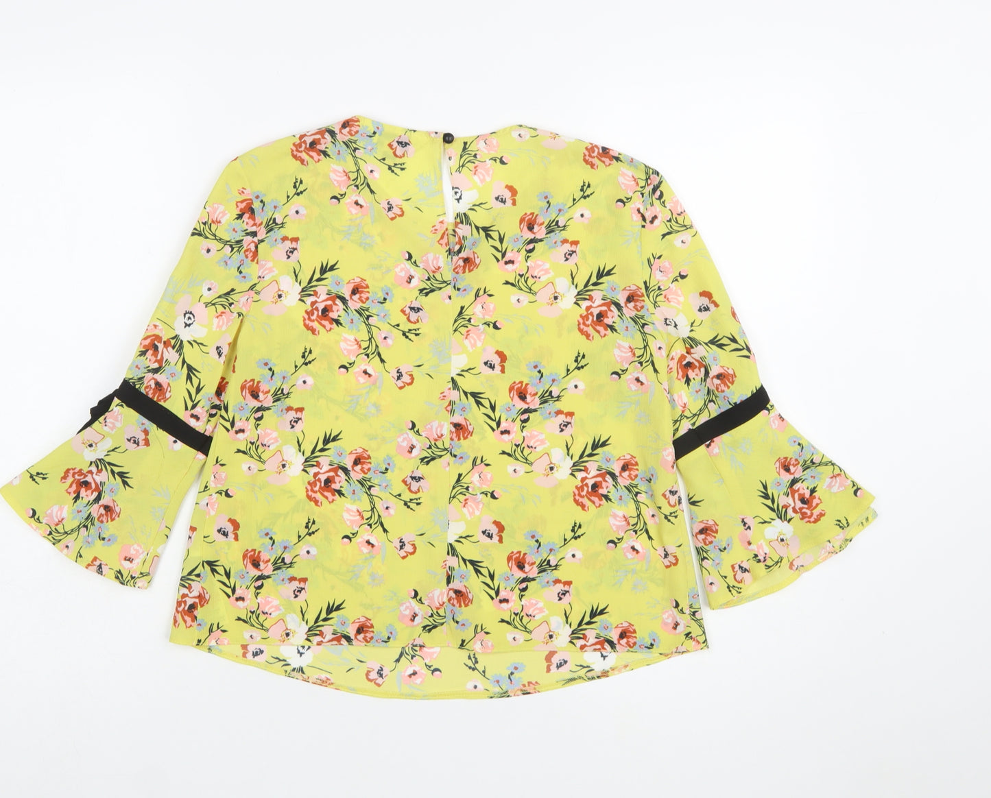 Miss Selfridge Women's Yellow Floral Bow Bell Sleeve Blouse Size 6