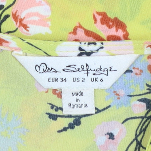 Miss Selfridge Women's Yellow Floral Bow Bell Sleeve Blouse Size 6