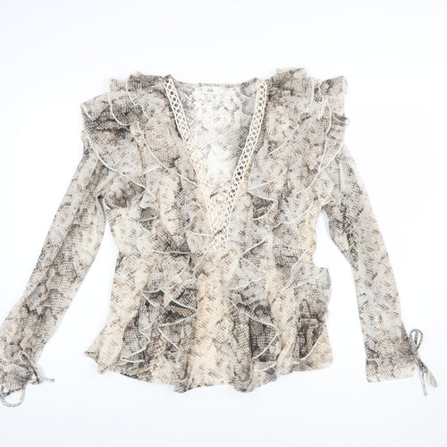 River Island Womens Beige Snake Print Ruffle Wrap Blouse Size 10