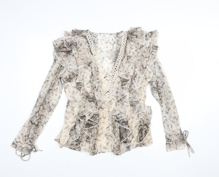 River Island Womens Beige Snake Print Ruffle Wrap Blouse Size 10