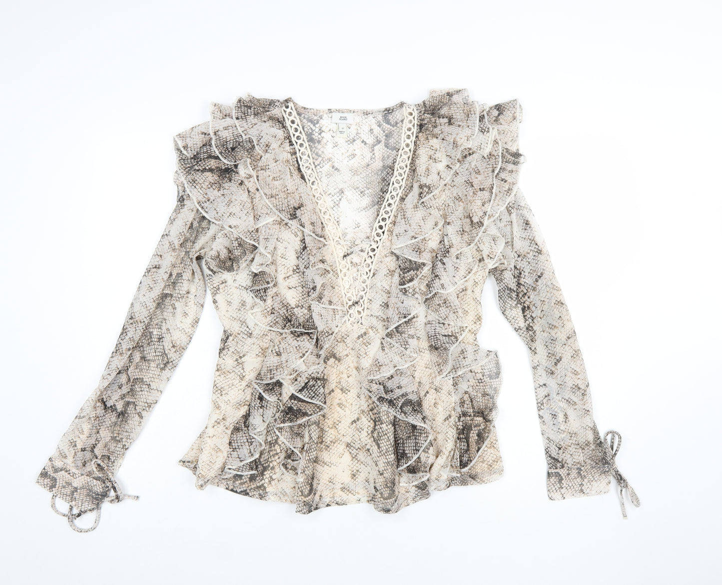 River Island Womens Beige Snake Print Ruffle Wrap Blouse Size 10