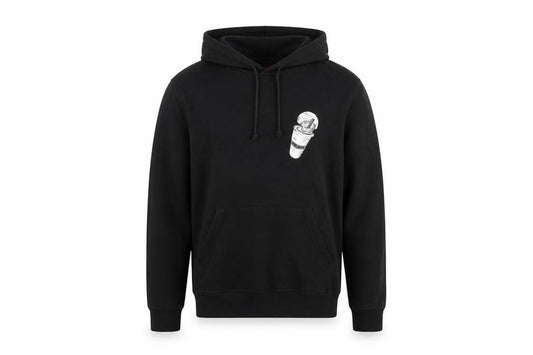 Front view of Five Guys men’s black xs pullover hoodie graphic print