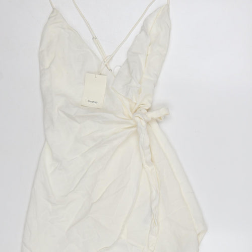 Bershka Women Ivory Short Wrap Dress Size S Sleeveless Viscose