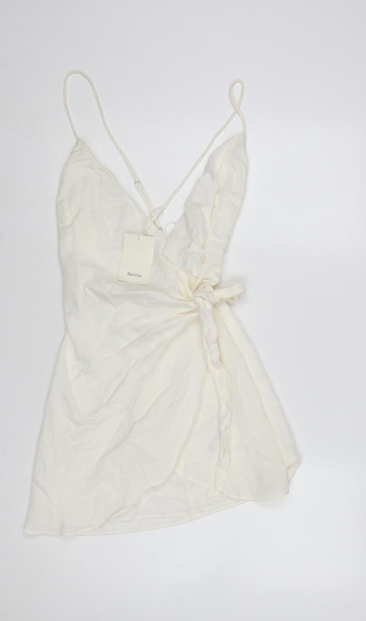 Bershka Women Ivory Short Wrap Dress Size S Sleeveless Viscose