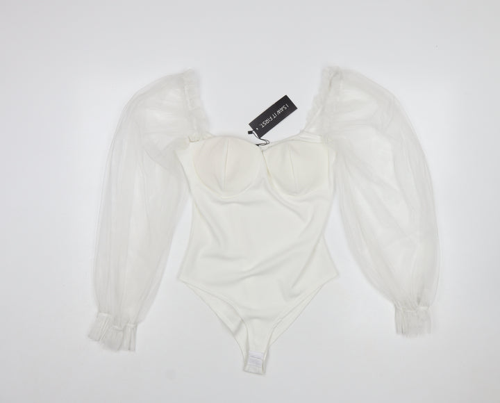 I Saw It First Women White Milkmaid Organza Sleeve Bodysuit Size S