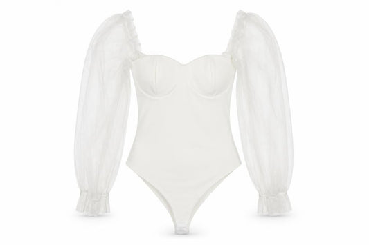 I Saw It First Women White Milkmaid Organza Sleeve Bodysuit Size S