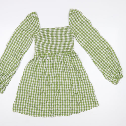 PrettyLittleThing Women’s Green Check Puff Sleeve Short A-Line Dress UK 6